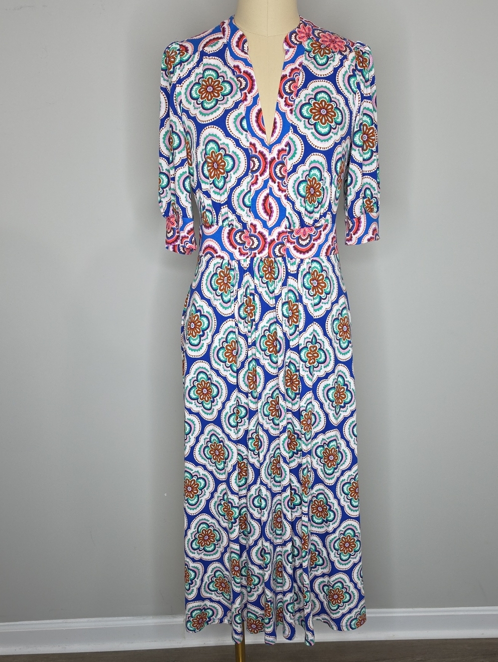 Boden Lily Jersey Midi Tea Dress Size 4 Bright Blue Botanic Blush - Picture 4 of 10